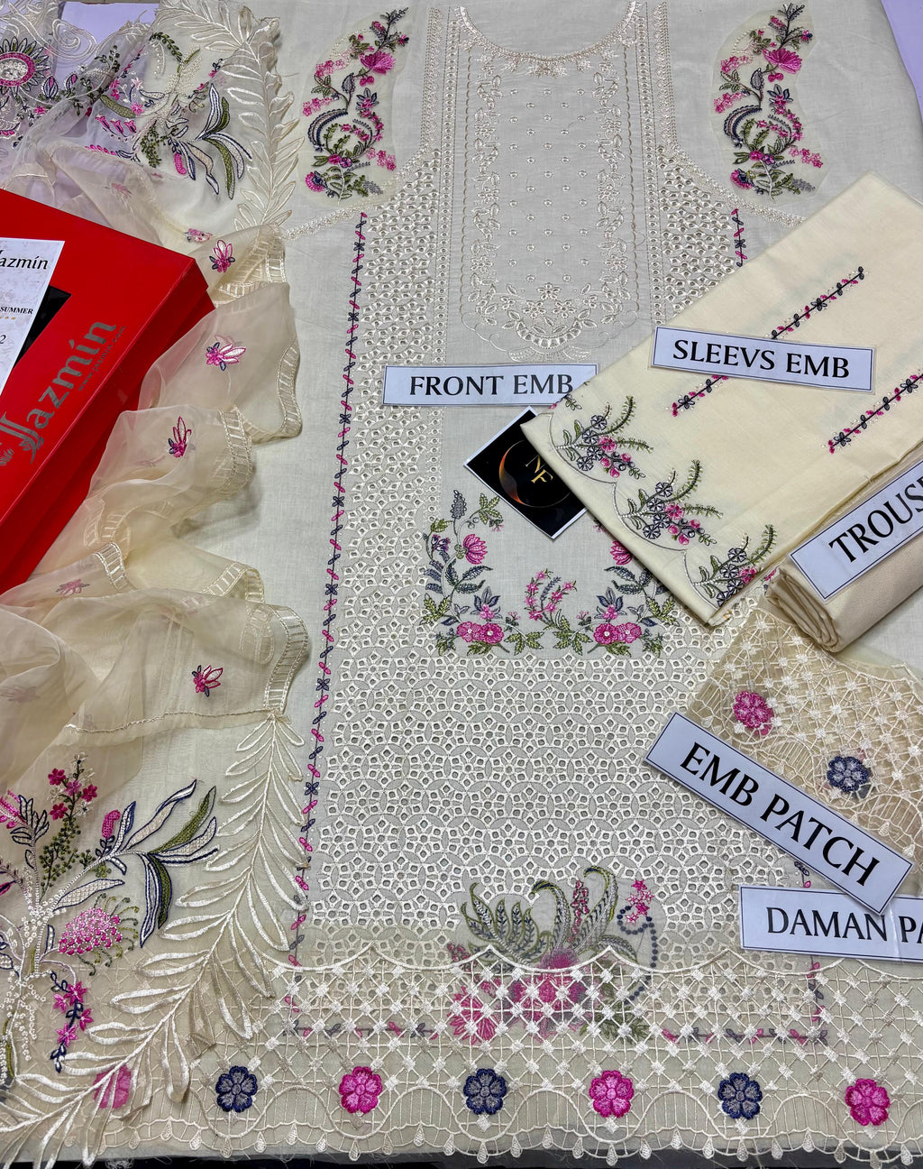 BRAND NAME JAZMIN PREMIUM AIR-JET LAWN 3PC HEAVY EMB EID COLLECTION SUIT