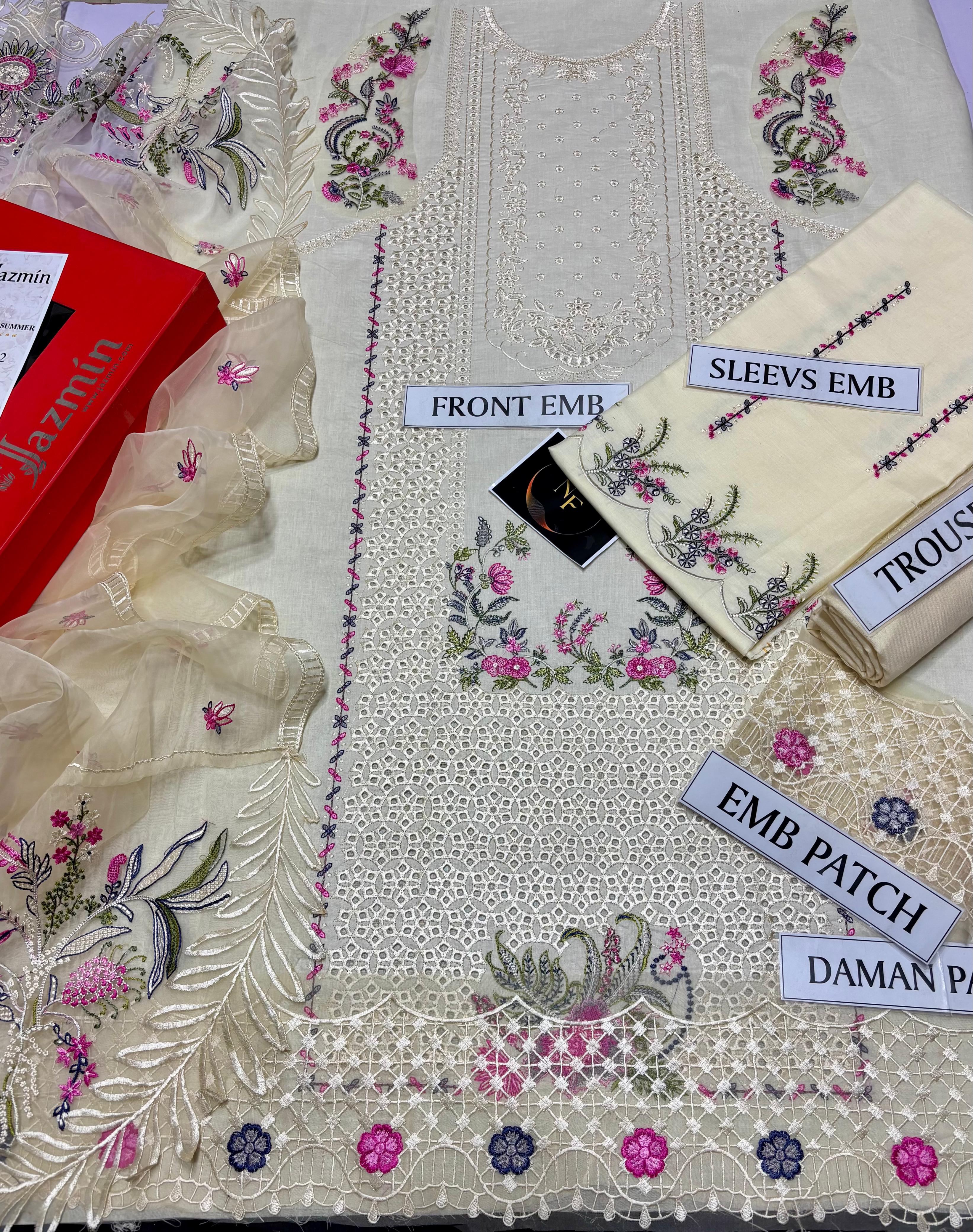 BRAND NAME JAZMIN PREMIUM AIR-JET LAWN 3PC HEAVY EMB EID COLLECTION SUIT